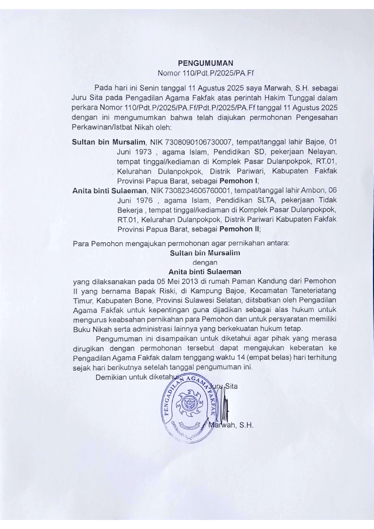 PENGUMUMAN ISBAT NIKAH 11 08 2025