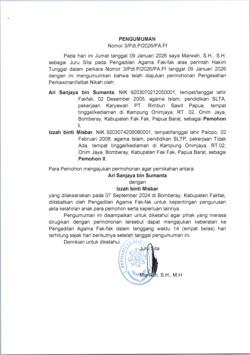 PENGUMUMAN ISTBAT NIKAH 2