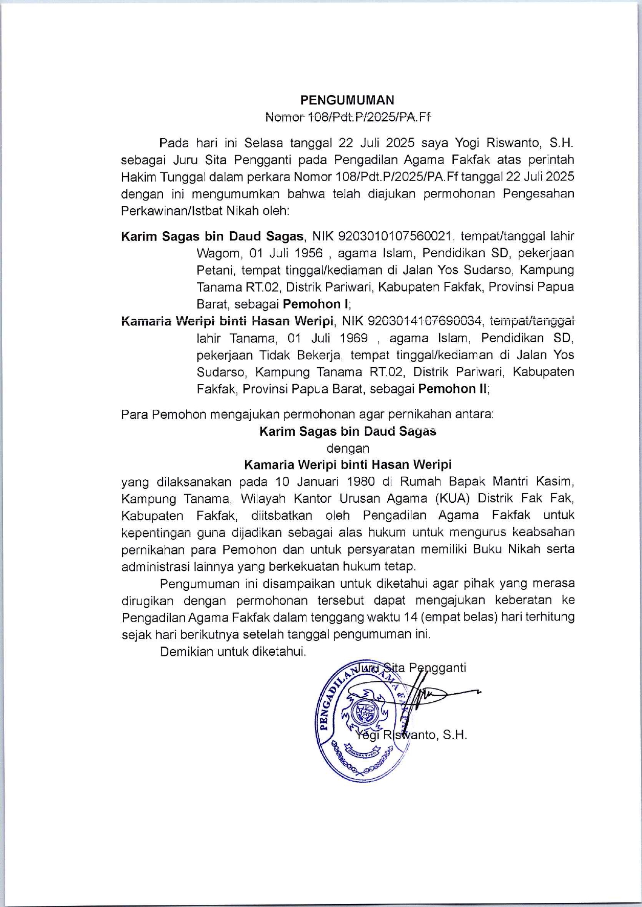 Pengumuman 108P 0001 23 07 2025