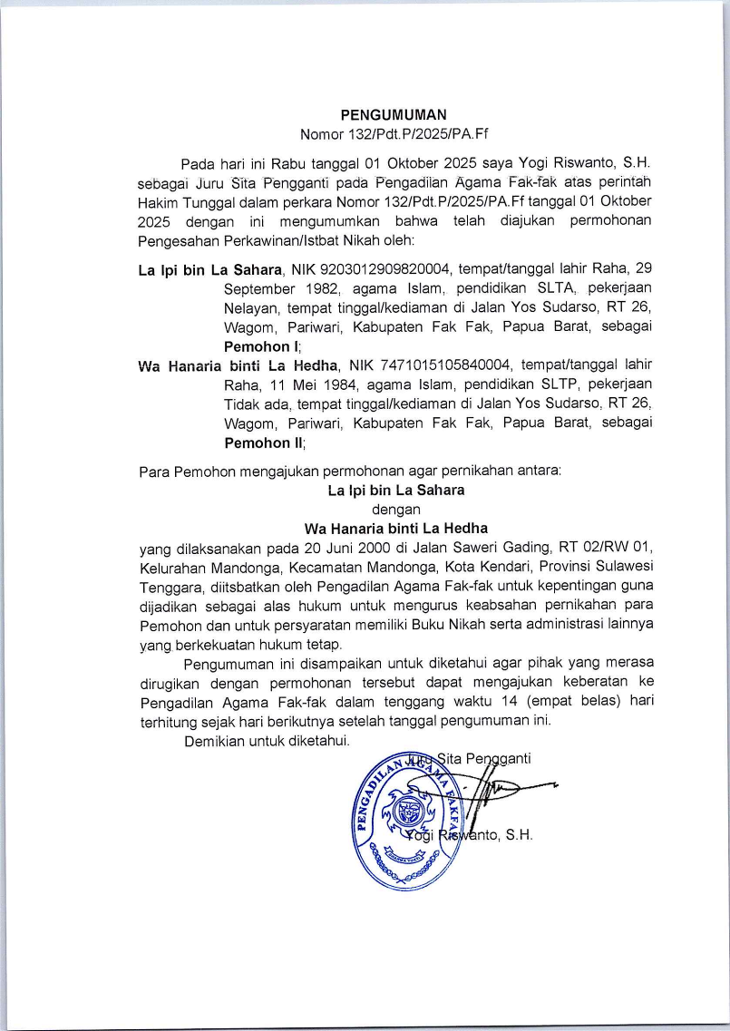 Pengumuman 132P 01 10 2025