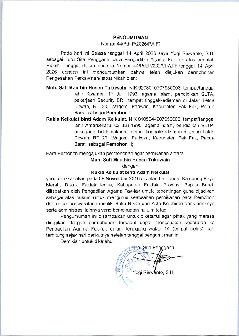 pengumuman isbat nikah no 44 14 04 2026